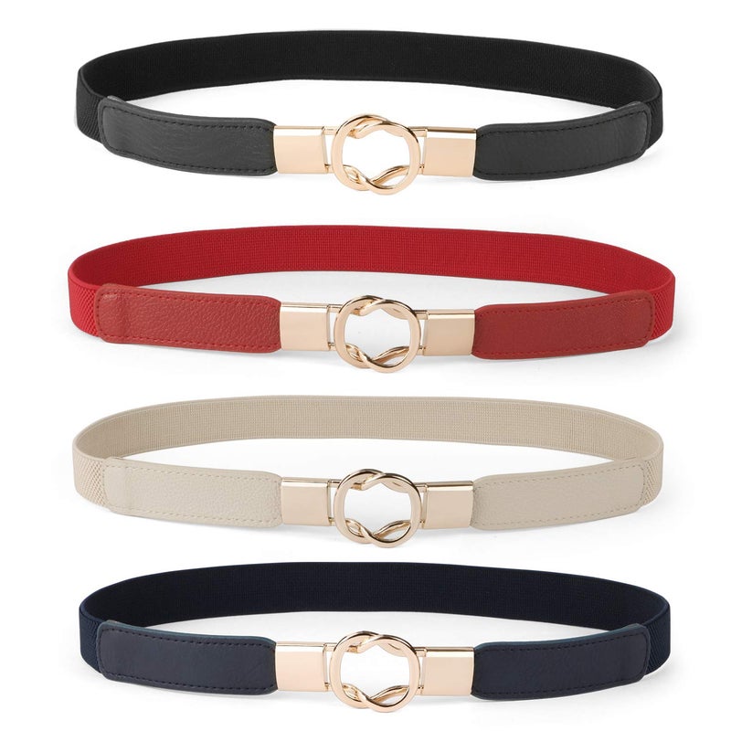 WERFORU Women Skinny Belt for Dresses Retro Stretch Waist Belt with Gold Buckle Set of 4,Black+Red+Blue+Beige - Image 1